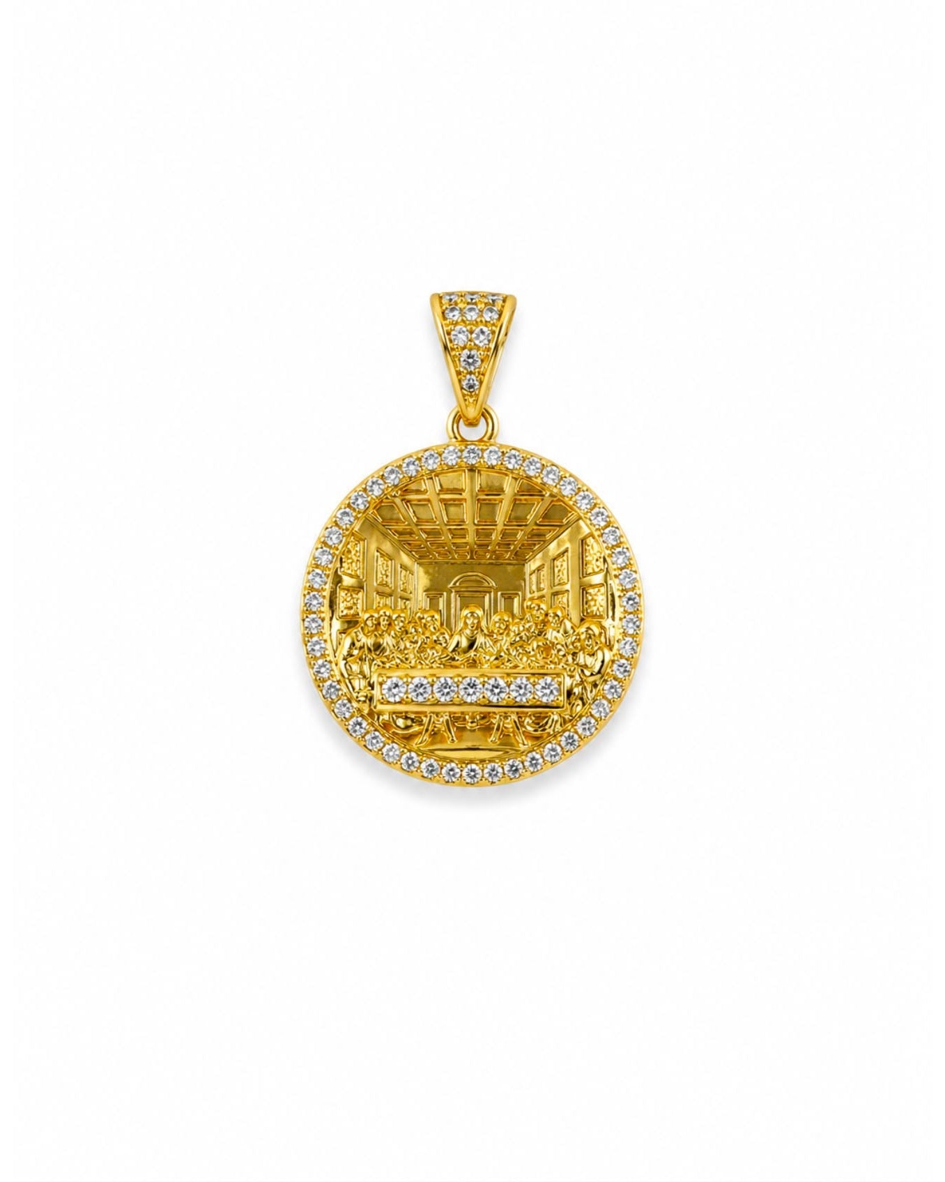 10K yellow gold circular pendant depicting the Last Supper in relief, framed by a halo of round cubic zirconia stones.
