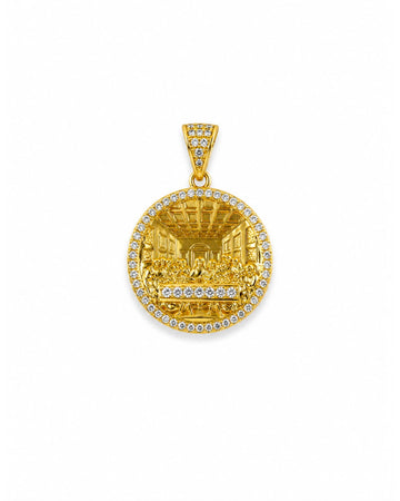 10K yellow gold circular pendant depicting the Last Supper in relief, framed by a halo of round cubic zirconia stones.