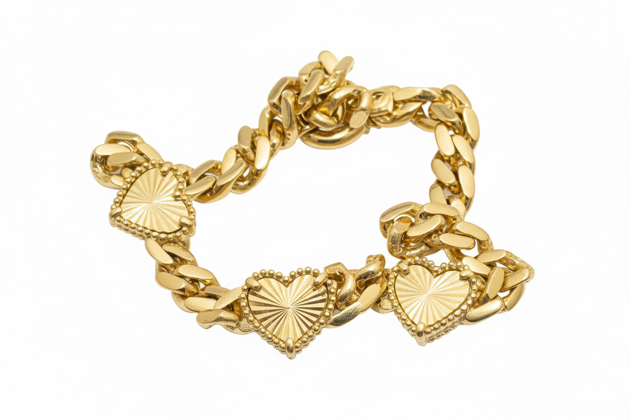 14K Gold Heart Link Bracelet – Diamond-Cut Details