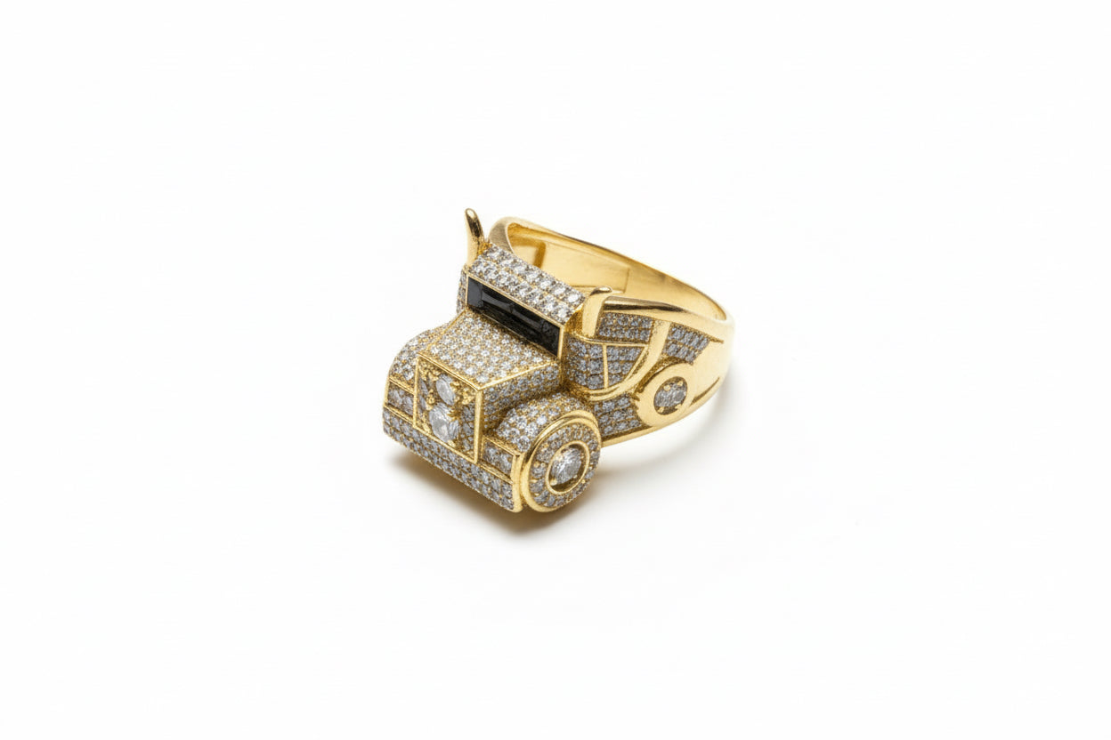 14K Gold Truck Ring with Zirconia Accents – Size 9