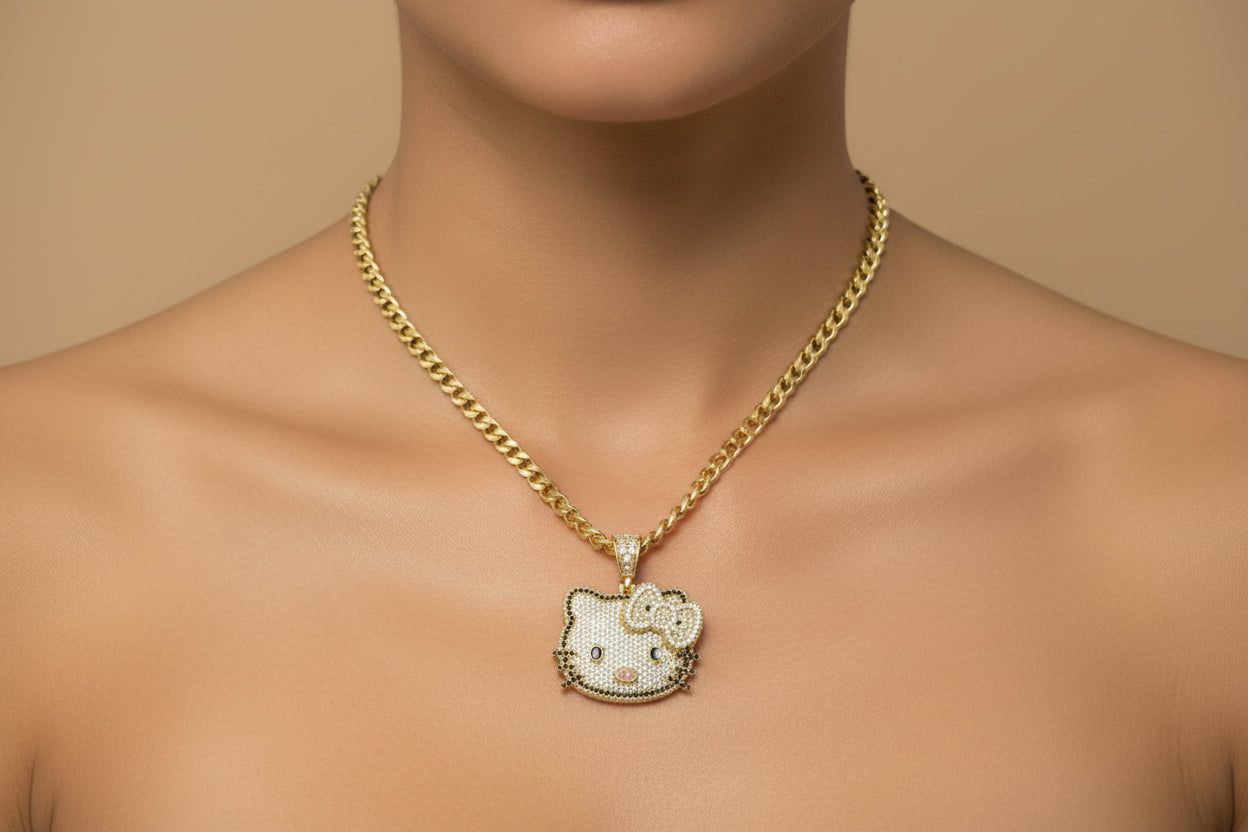 14K Gold Cat Face Pendant with Bow & Zirconia Accents