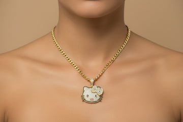 14K Gold Cat Face Pendant with Bow & Zirconia Accents