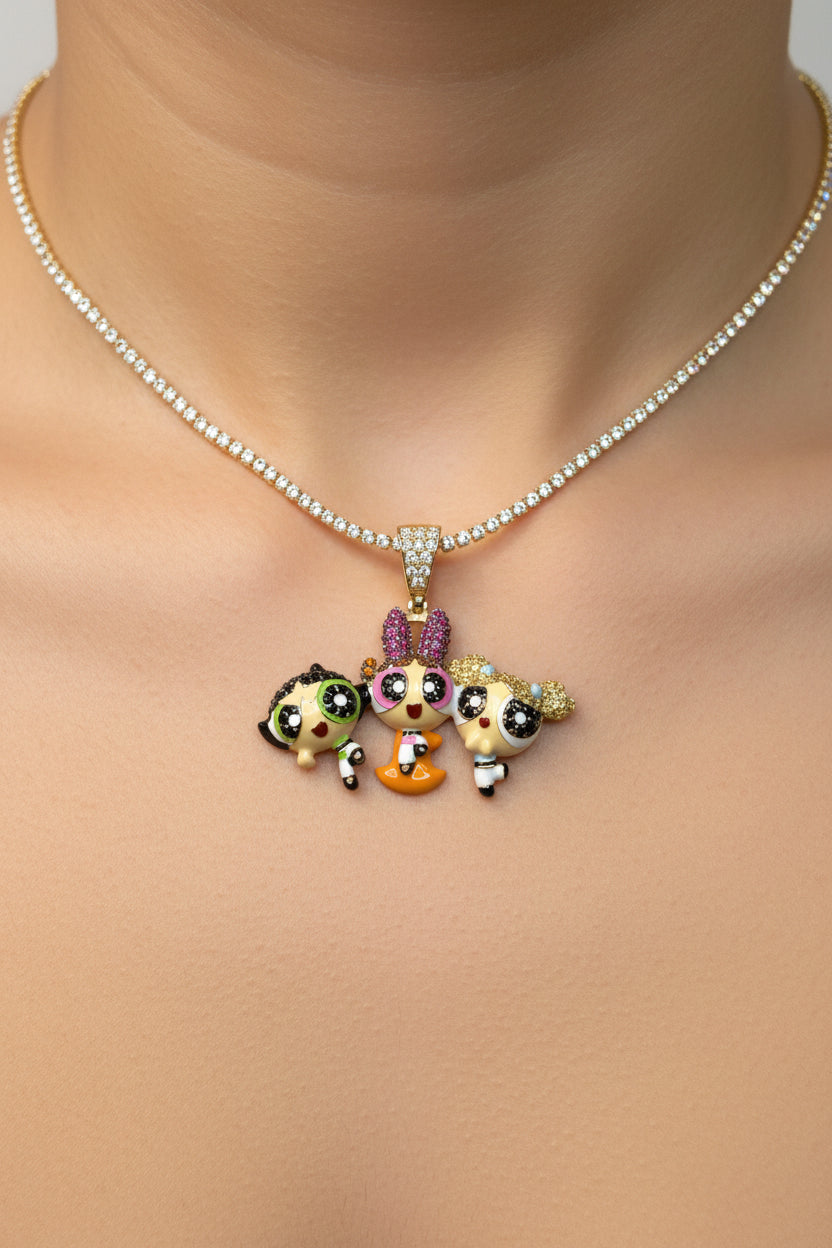 14K Gold Powerpuff Girls–Inspired Pendant with Enamel & Zirconia