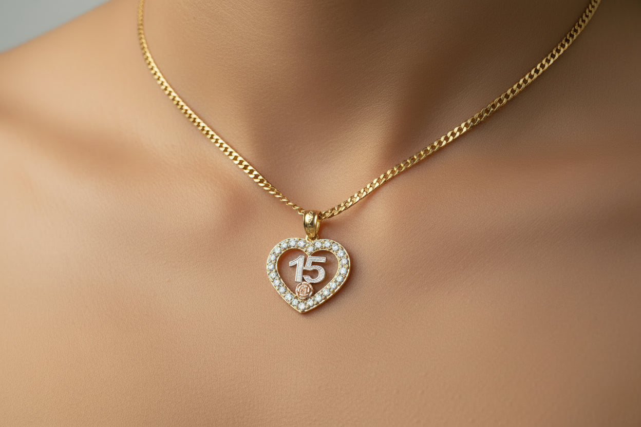 14K Gold Heart Pendant with Number 15 & Zirconia Accents