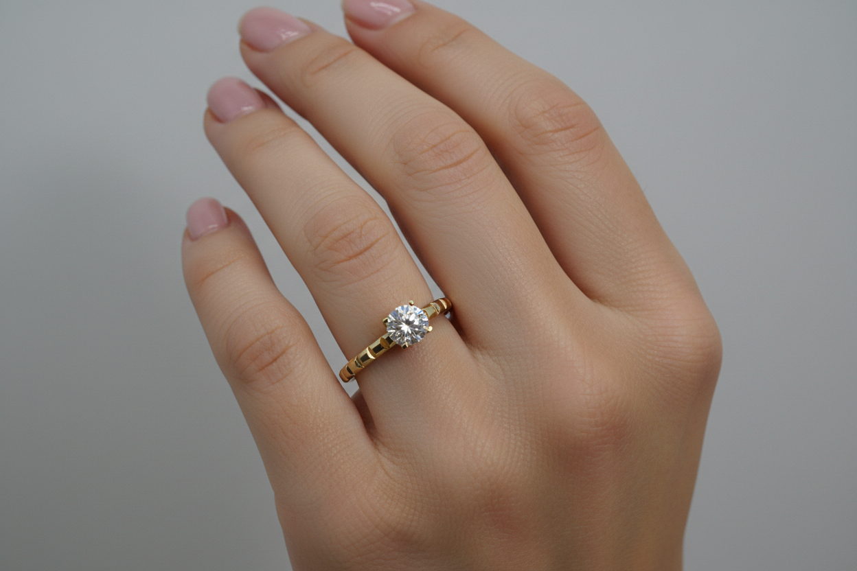 14K Gold Solitaire Ring with Textured Band – Classic Elegance“7”