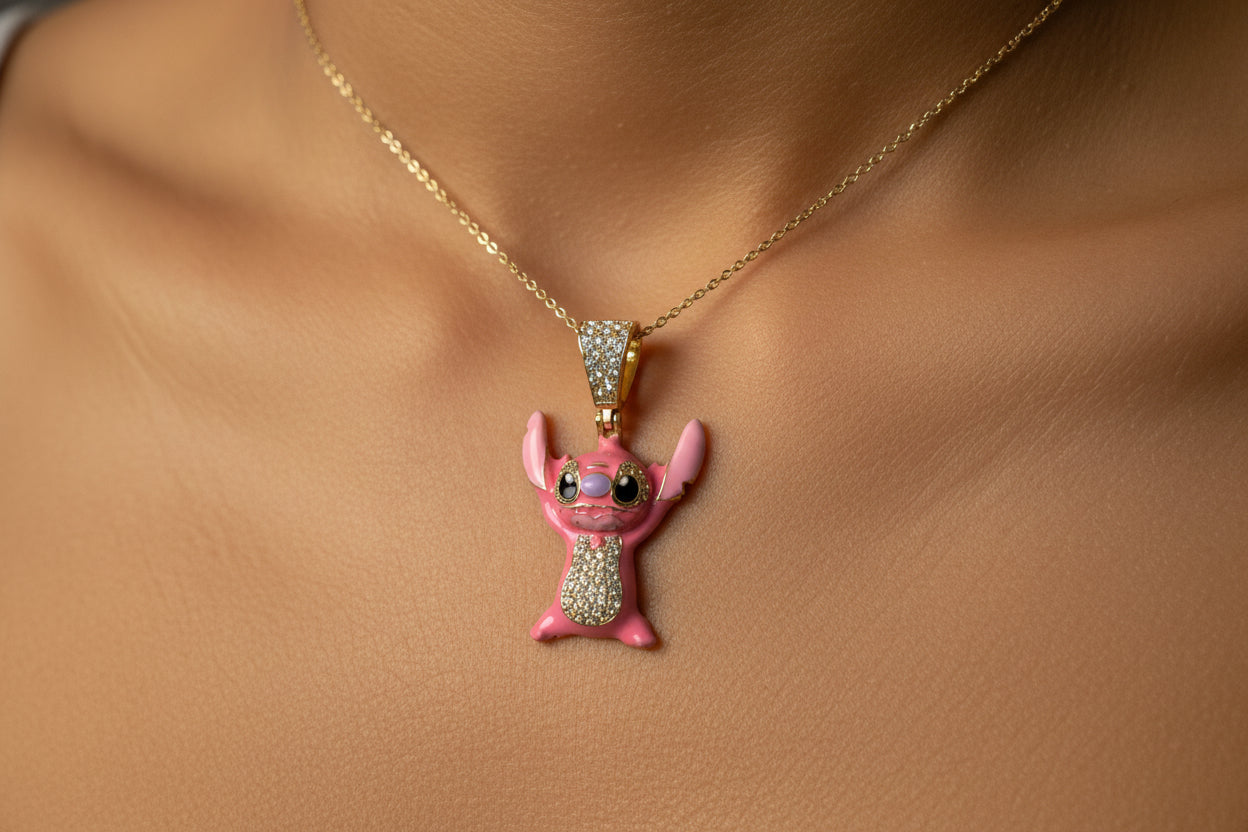 14K Gold Pink Character-Inspired Pendant with Zirconia Accents