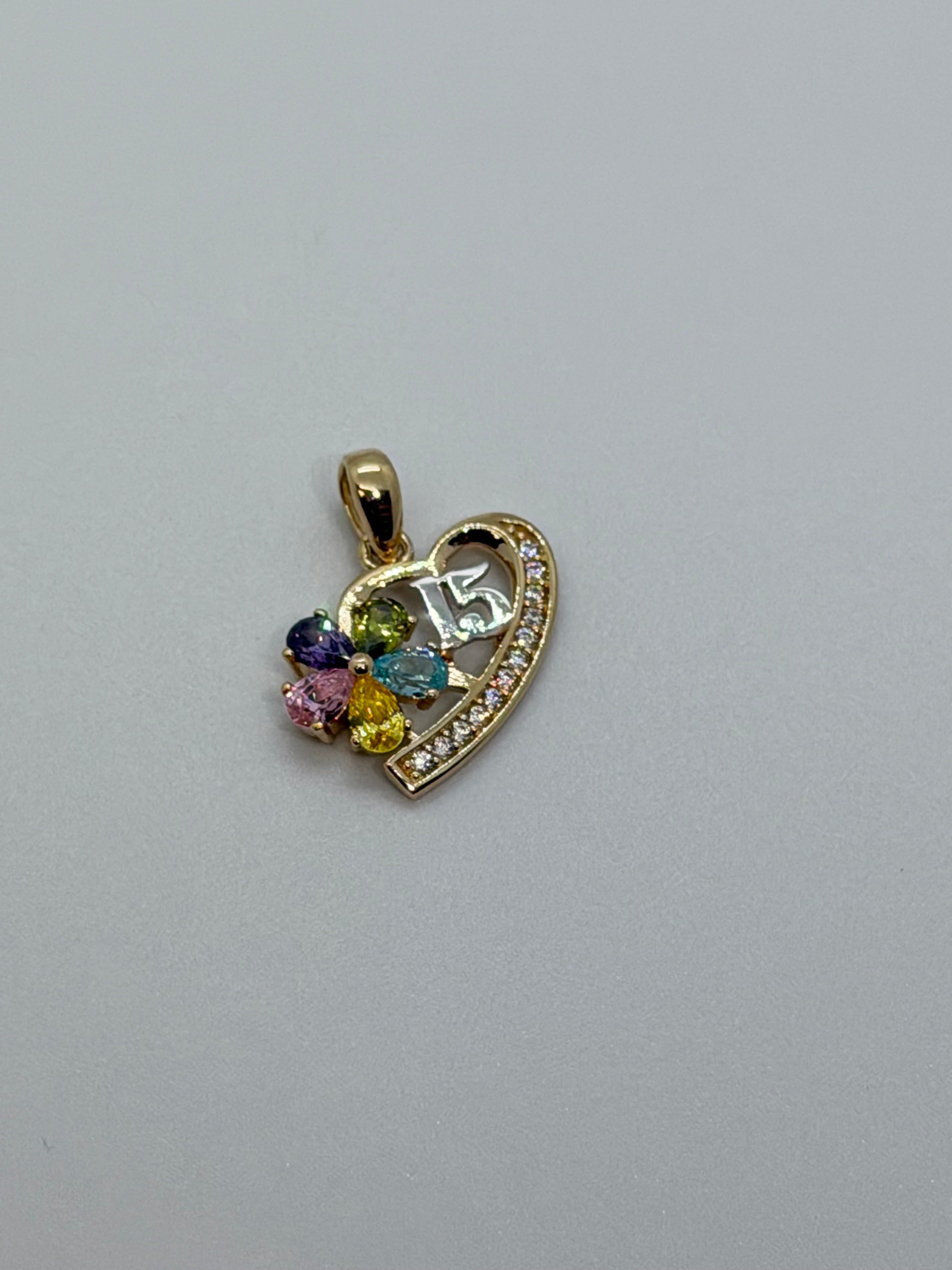 14K Gold Heart Pendant with Multicolor Stones & Number 15