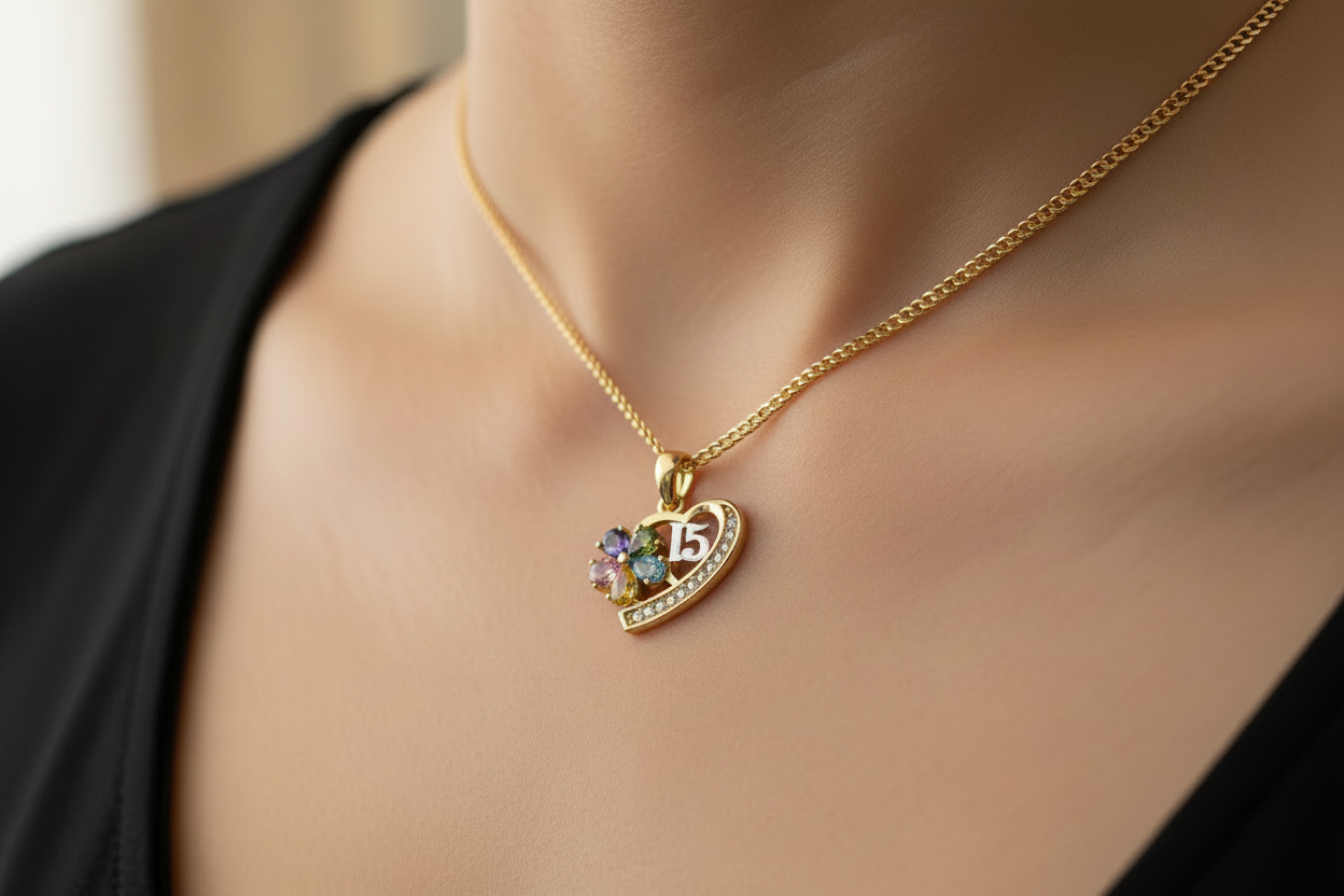14K Gold Heart Pendant with Multicolor Stones & Number 15