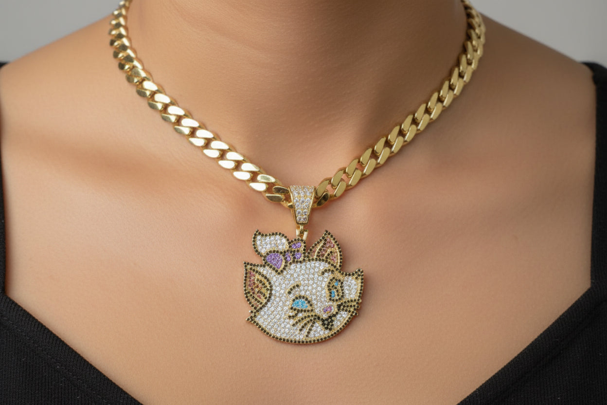 14K Gold Iced Cat Pendant with Multicolor Zirconia