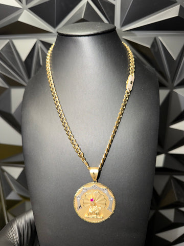 14K Gold Virgin Mary Pendant with Red Stone – 6mm Chain 16”