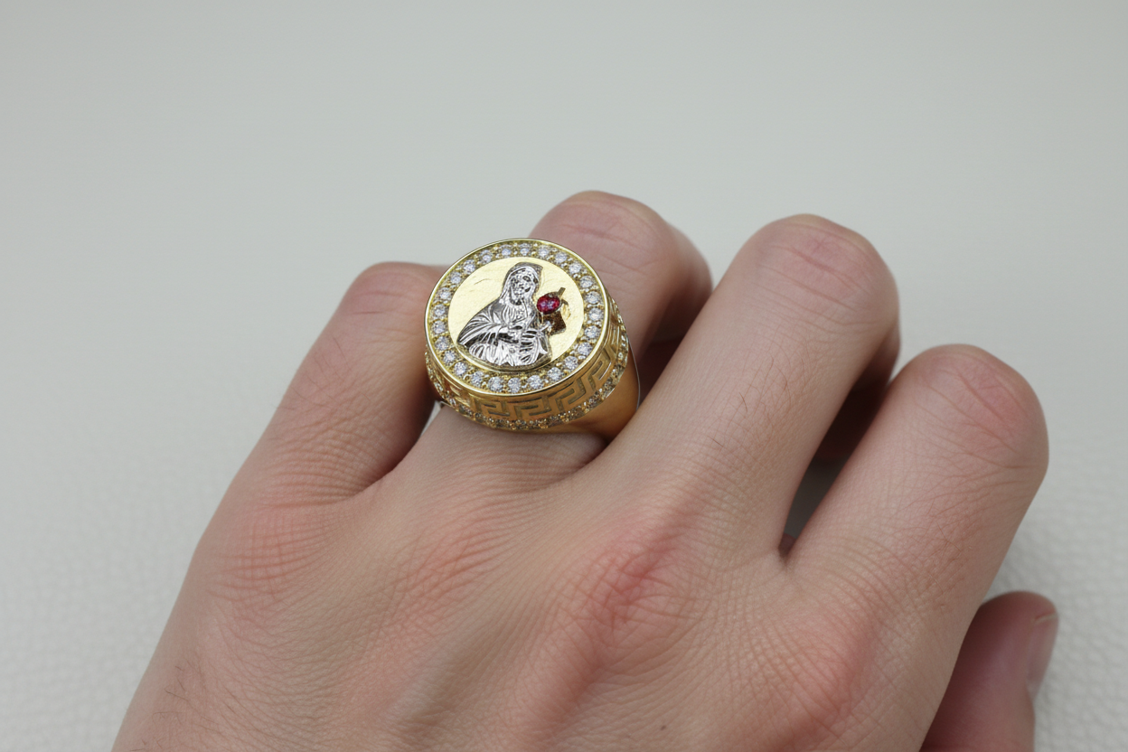 14K Gold Religious Ring with Two-Tone Detail & Zirconia Accents – Size 10