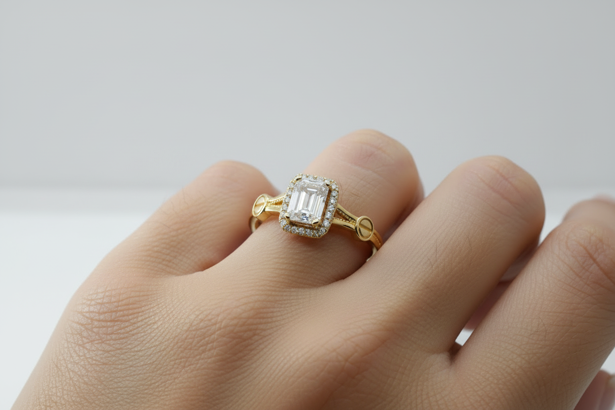 14K Gold Emerald-Cut Halo Ring“7”