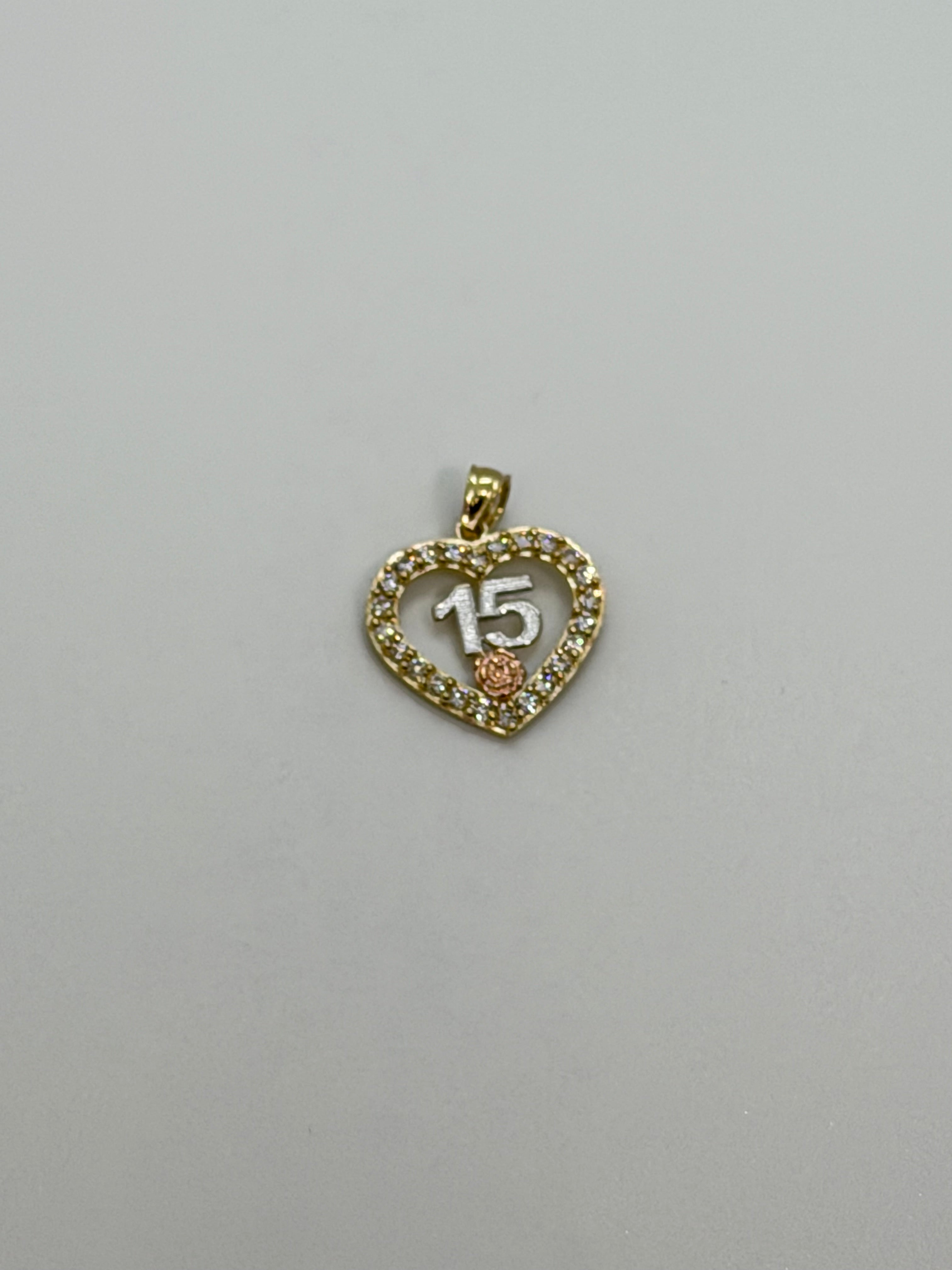 14K Gold Heart Pendant with Number 15 & Zirconia Accents