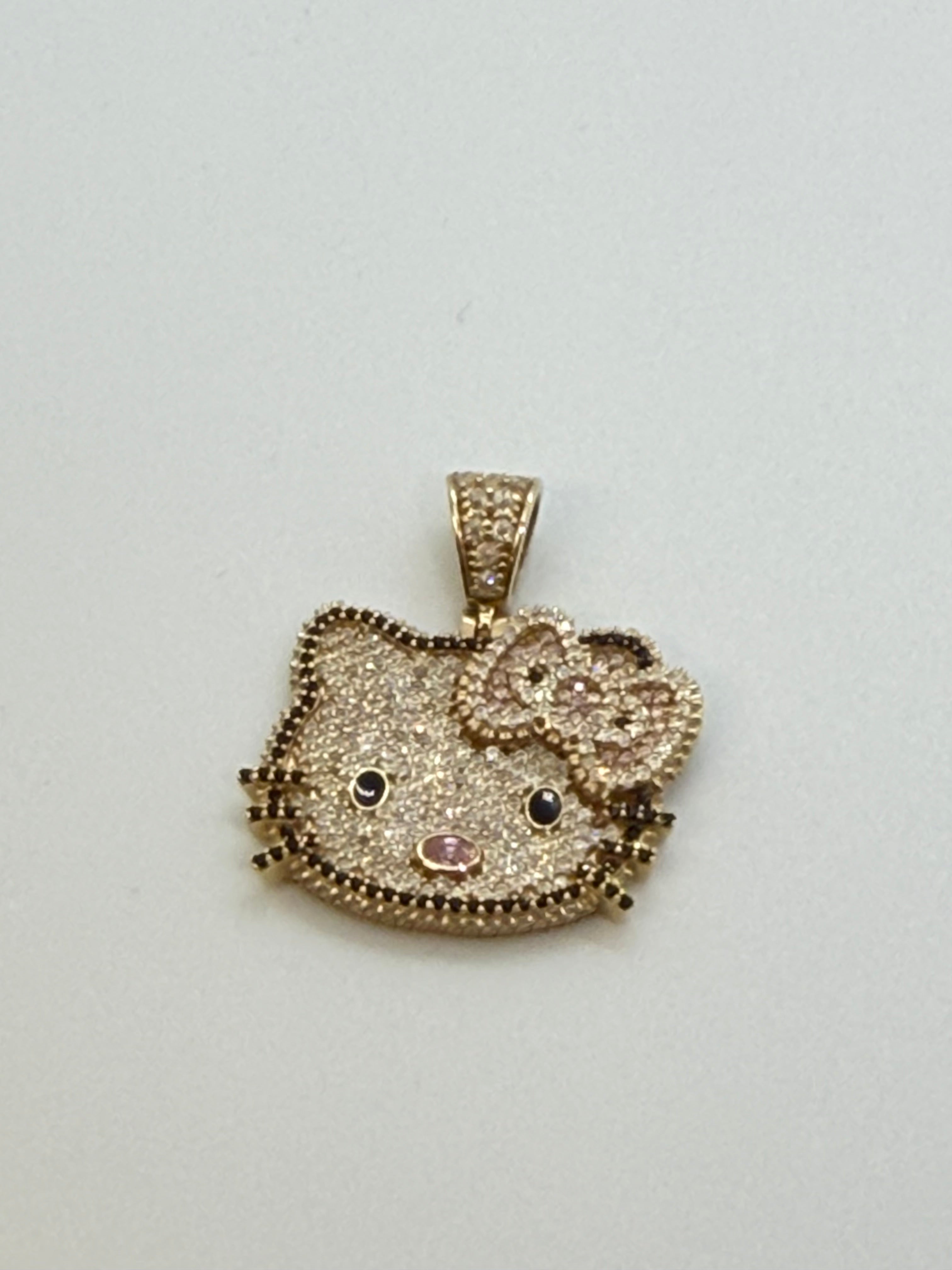 14K Gold Cat Face Pendant with Bow & Zirconia Accents