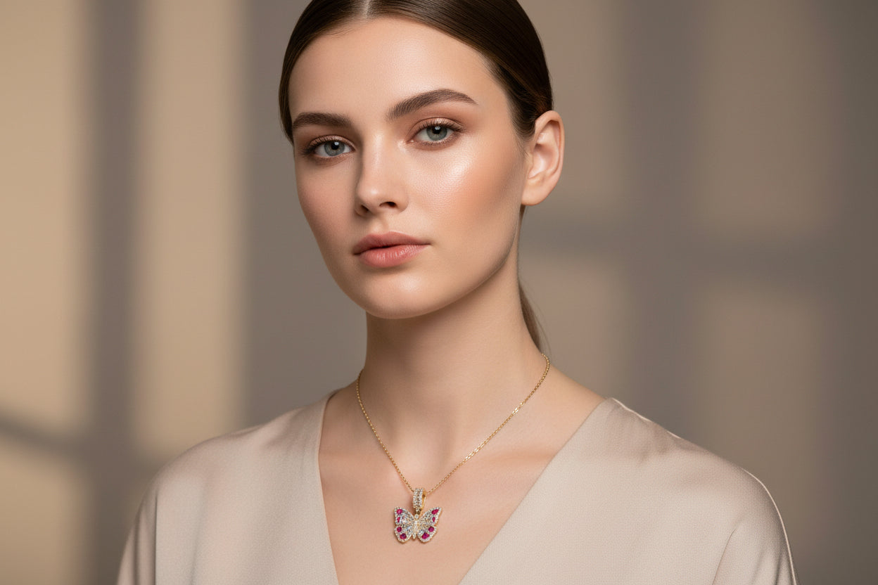 14K Gold Butterfly Pendant with Multicolor Zirconia