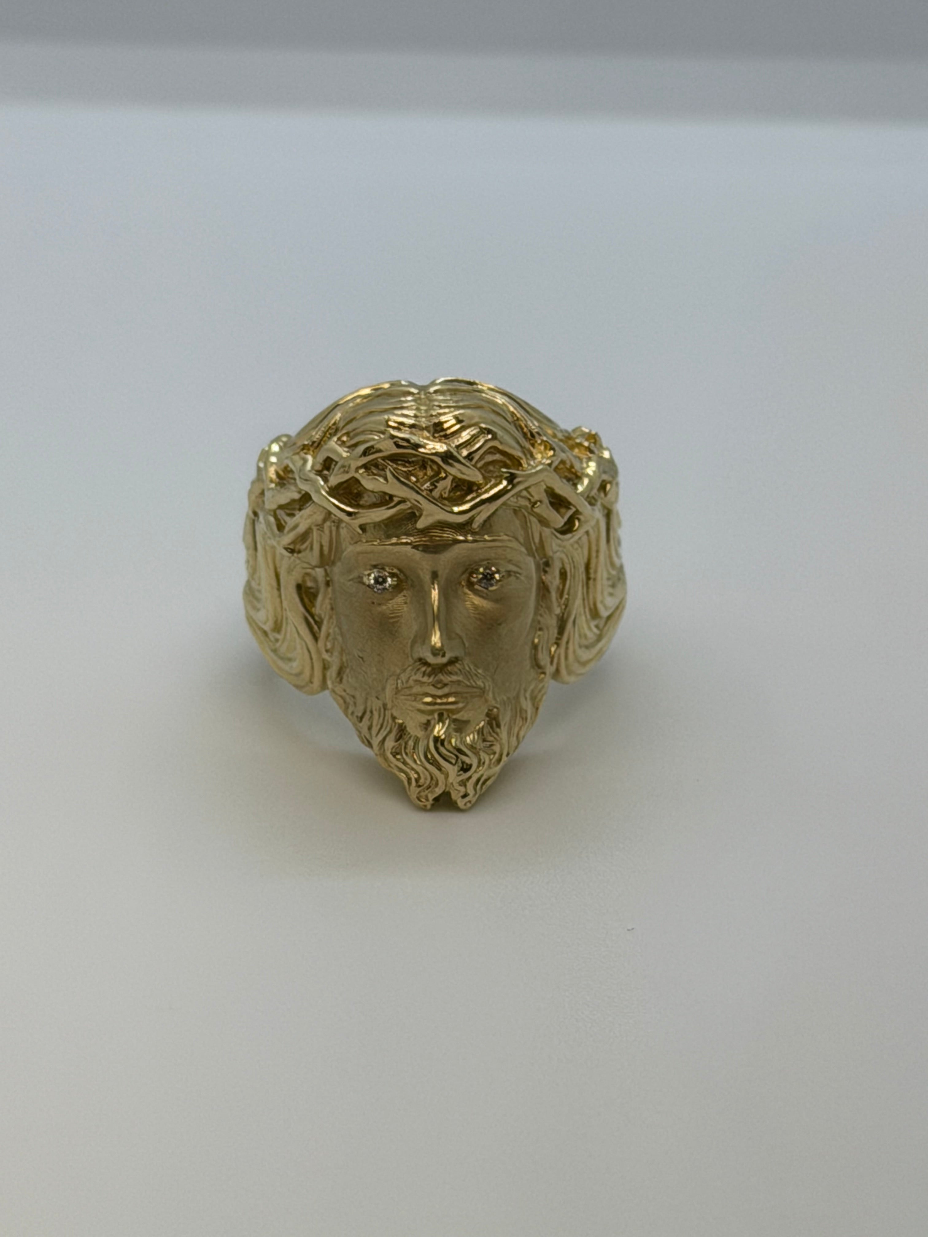 10K Gold Jesus Face Ring with Zirconia Eyes – Size 11.5