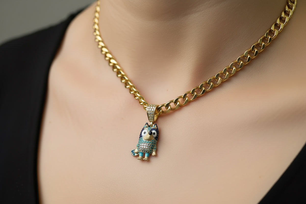 14K Gold Bluey Pendant with Zirconia Accents