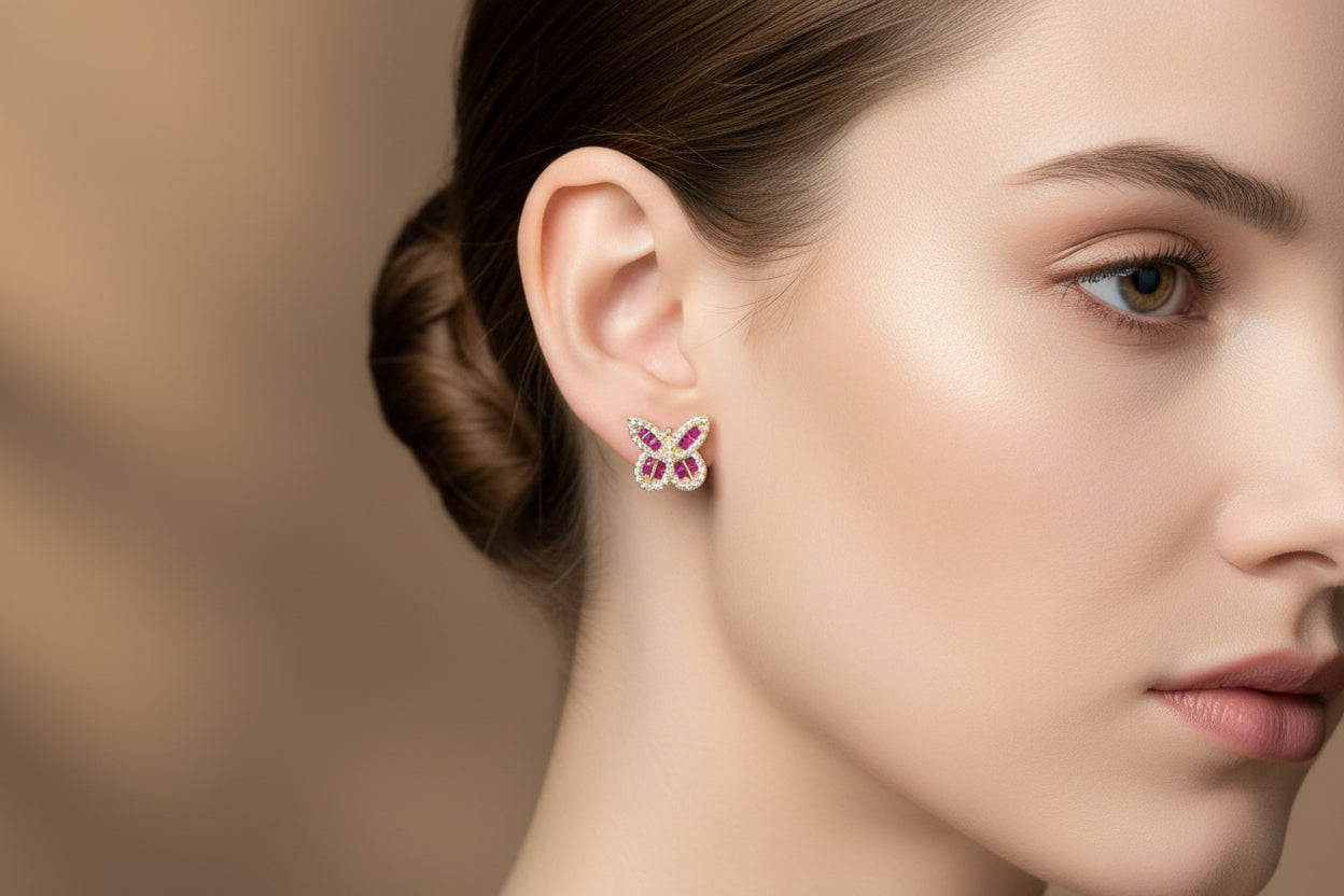 14K Gold Butterfly Stud Earrings with Pink & Clear Zirconia