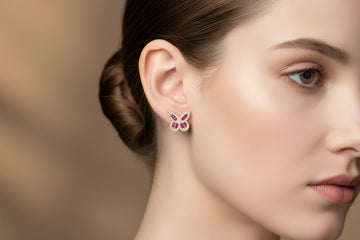 14K Gold Butterfly Stud Earrings with Pink & Clear Zirconia