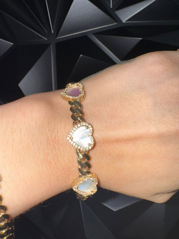 Cuban Gold 10KT Link Mother of Pearl Heart Bracelet” 6mm