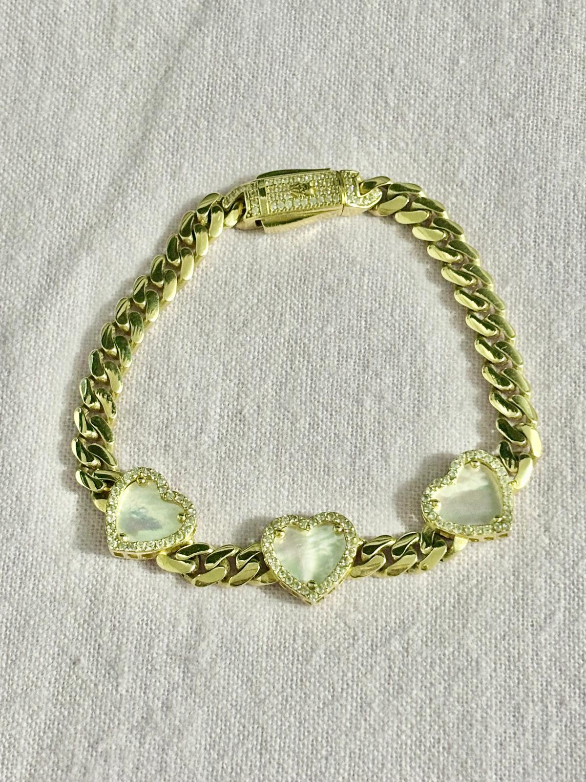 Cuban Gold 10KT Link Mother of Pearl Heart Bracelet” 6mm